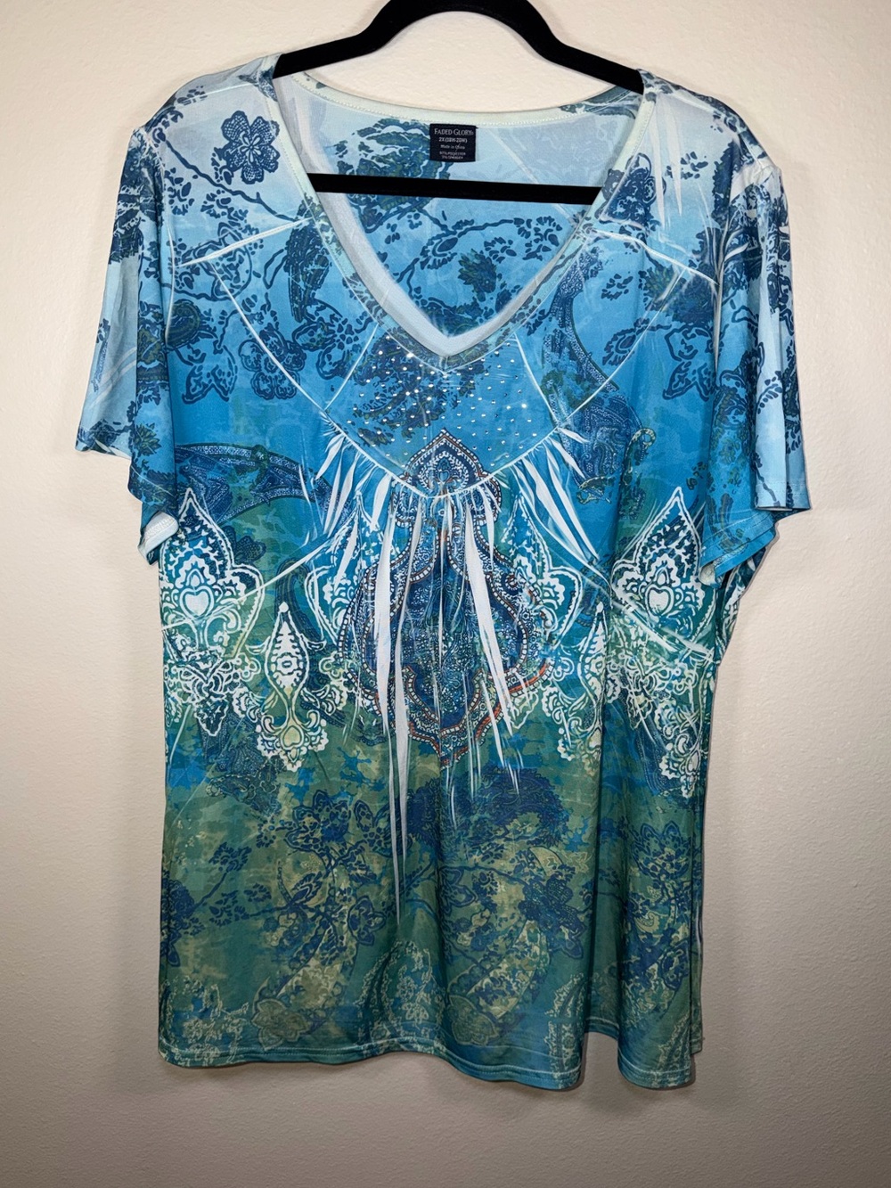 Y2K Faded Glory Geometric Fairy Hippie Mermaid Studded Embellished Top Ombre
